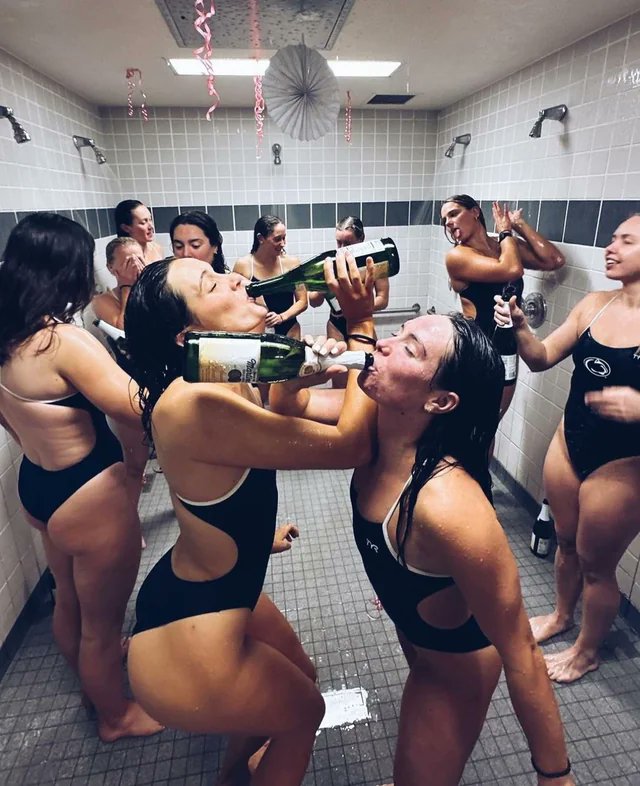 Swimmers celebrate in the locker rooms