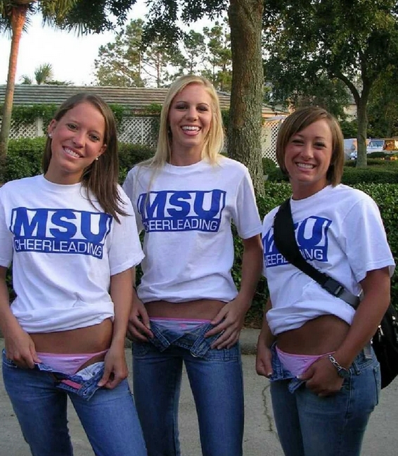 Cheerleaders are so used to showing off their panties that they are always looking for an excuse to put them on show, these three unzipped their jeans to reveal three pairs of patching cheerleader panties