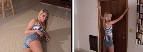 Denim miniskirt upskirt